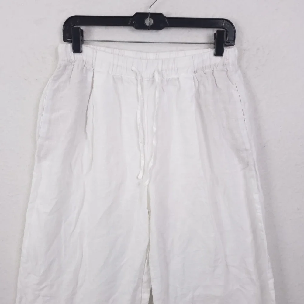 Zara Linen Wide Leg Pants Womens M White Cropped Drawstring Coastal Summer